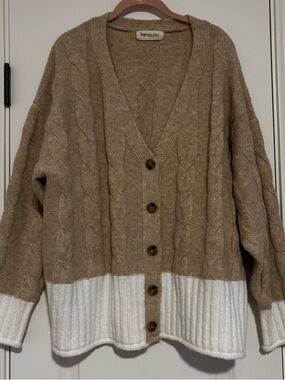 Impressions Two-Tone Cable Knit Cardigan - Beige & White